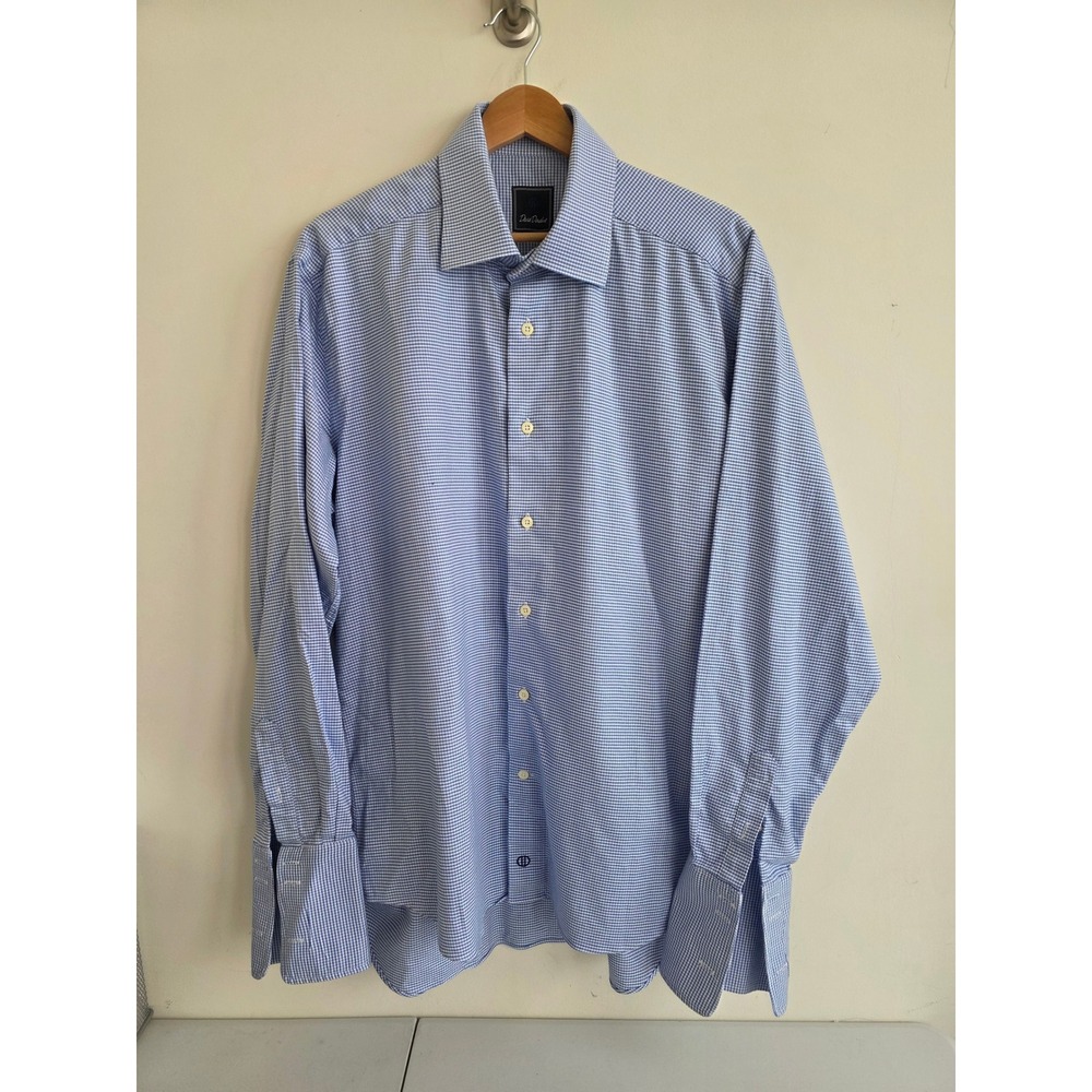 David Donahue Dress Shirt Mens 16.5 34/35 Blue White Micro Check French Cuff